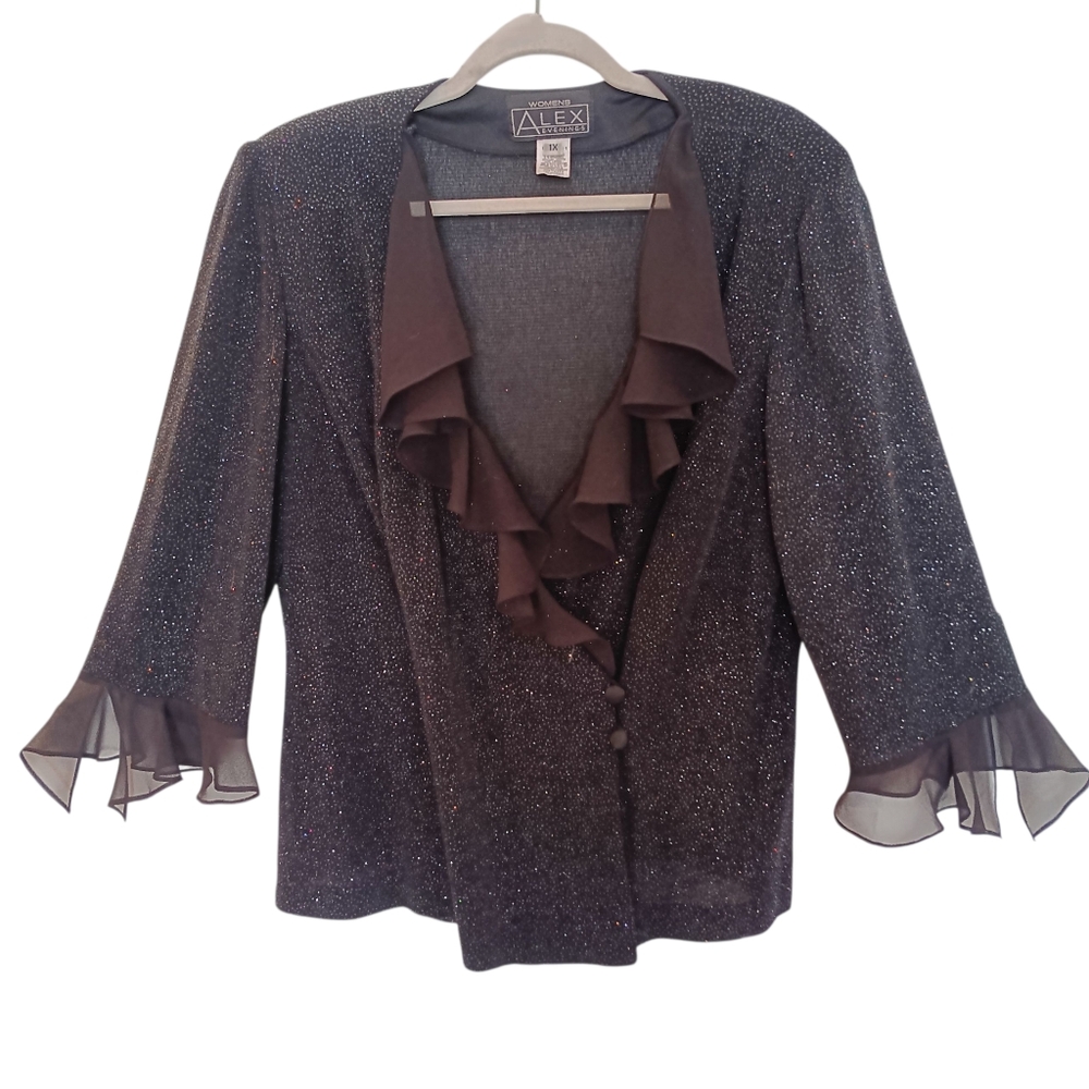Alex Evenings Blouse Jacket Women's‎ Black Glitter Size 1X Long Sleeve Ruffles